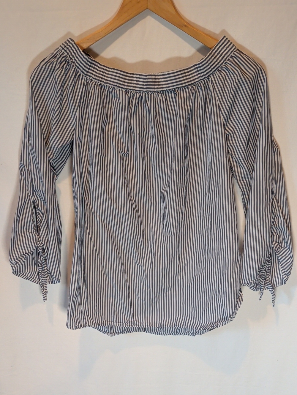 beachlunchlounge Blue and White Striped Off-Shoulder Blouse